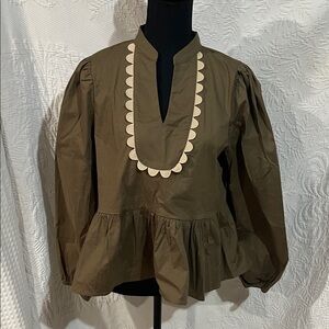 Olive Green Peplum Top with Scalloped Trim, size medium